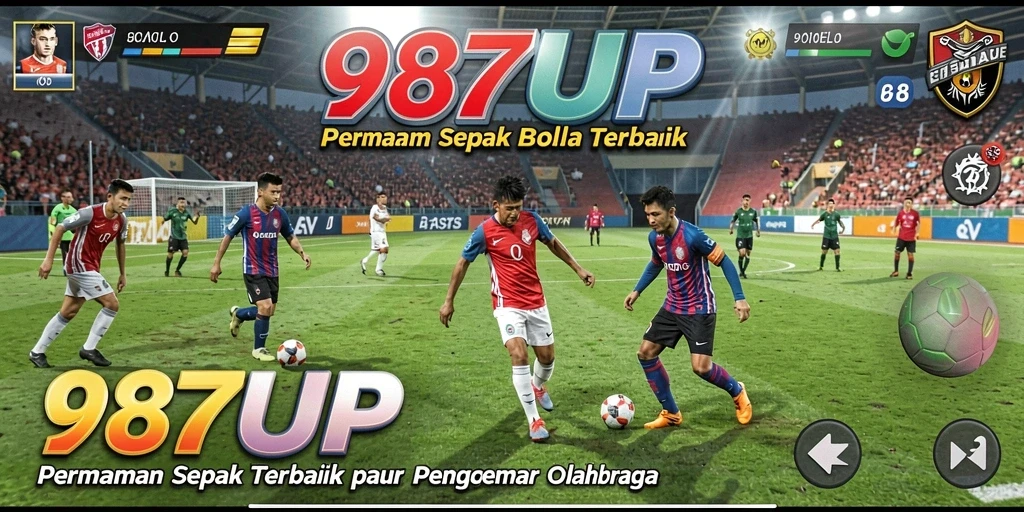 Tangkapan layar utama 987UP menunjukkan aksi bermain sepak bola yang seru.