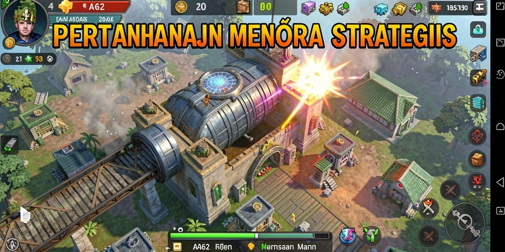 Tangkapan layar gameplay AA62 yang menampilkan menara dan musuh.