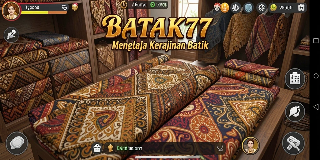 Screenshot gameplay BATIK77 menampilkan proses desain dan produksi batik.