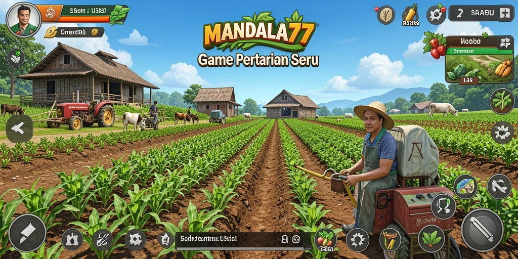 Screenshot MANDALA77 menampilkan kebun yang luas dengan berbagai tanaman hijau.