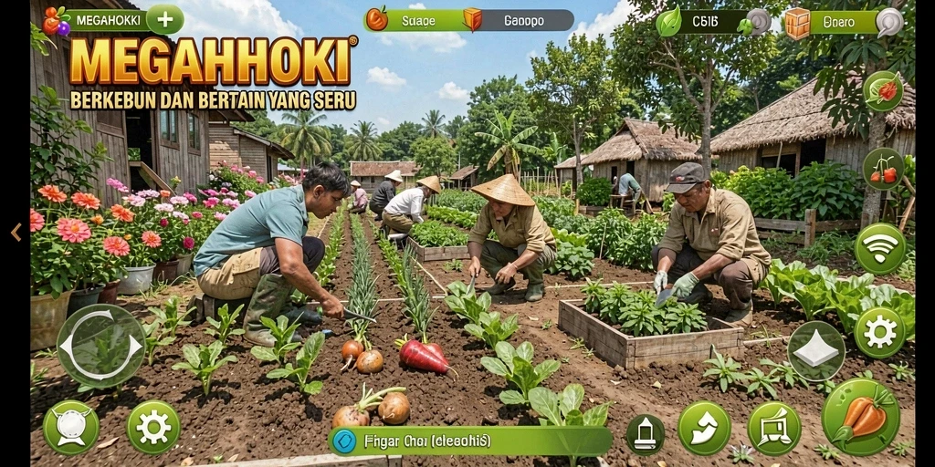 Tangkapan layar gameplay MEGAHOKI yang menampilkan aktivitas berkebun yang menarik.