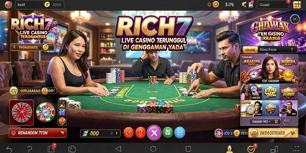 Screenshot gameplay Live Casino RICH7 yang menampilkan dealer dan pemain berinteraksi.