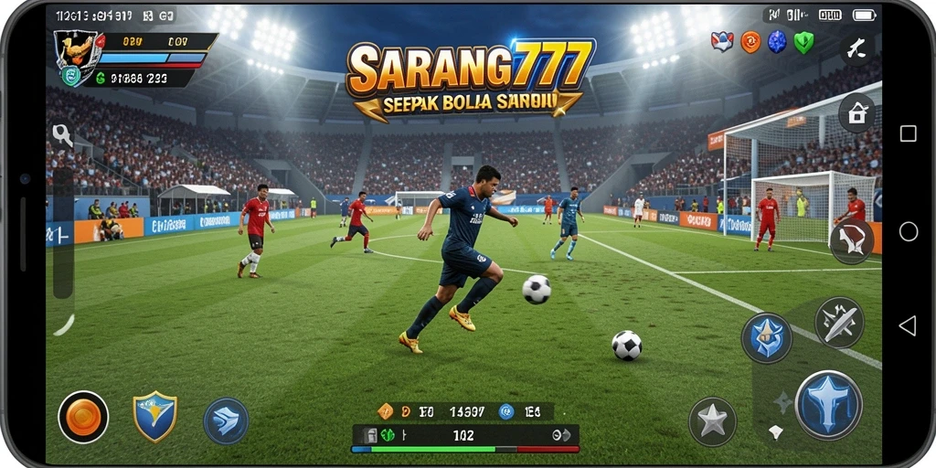 Tampilan gameplay seru di SARANG777 dengan aksi sepak bola.