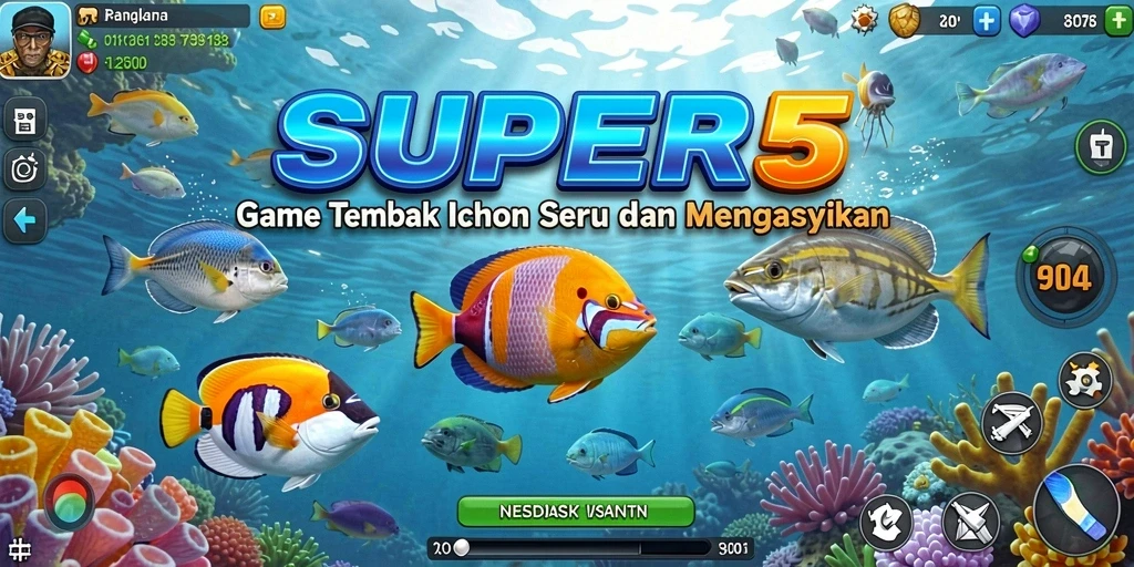 Screenshot utama SUPER5 menampilkan aksi seru dalam gameplay Tembak Ikan.