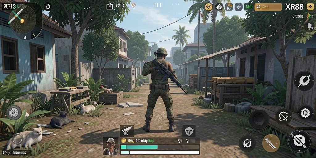Screenshot gameplay XR88 menampilkan dunia simulasi yang interaktif.